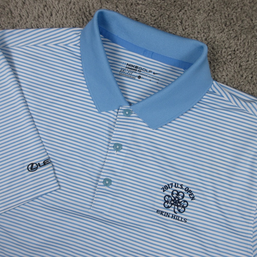 Nike Polo Shirt Mens Large Blue Striped 2017 US Open Golf Erin Hills Performance